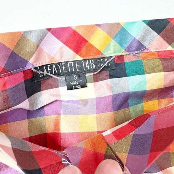 Lafayette New York 148 Square Neck Multicolor Plaid Short Sleeve Belted Blouse 8 - Picture 5 of 8